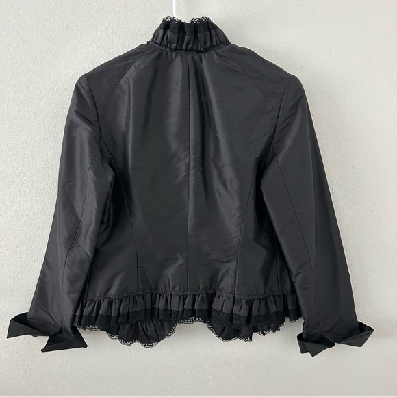 VTG Lafayette 148 Black 100% Silk Ruched Ruffle Lace Trim Jacket Blazer Womens 4 - Picture 6 of 10